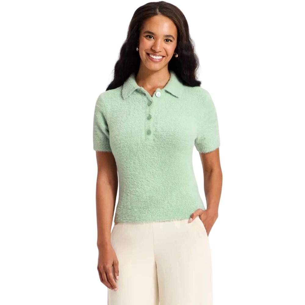 A New Day Women's Mint Green Fuzzy Eyelash Knit Polo Sweater Size Large
